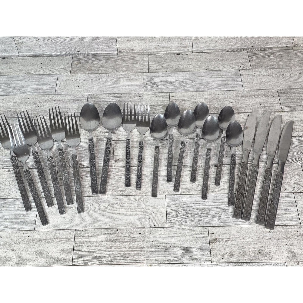 VTG National Stainless Flatware Miranda MCM Japan Fork Spoo 21pc Floral Embossed